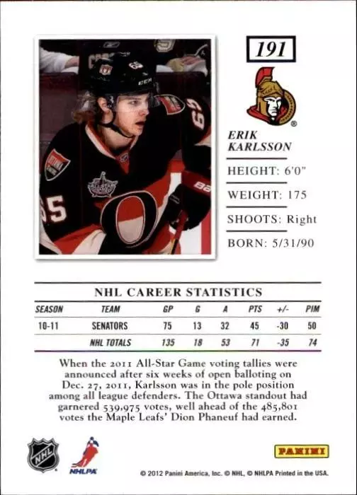 2011-12 Elite #191 Erik Karlsson 1