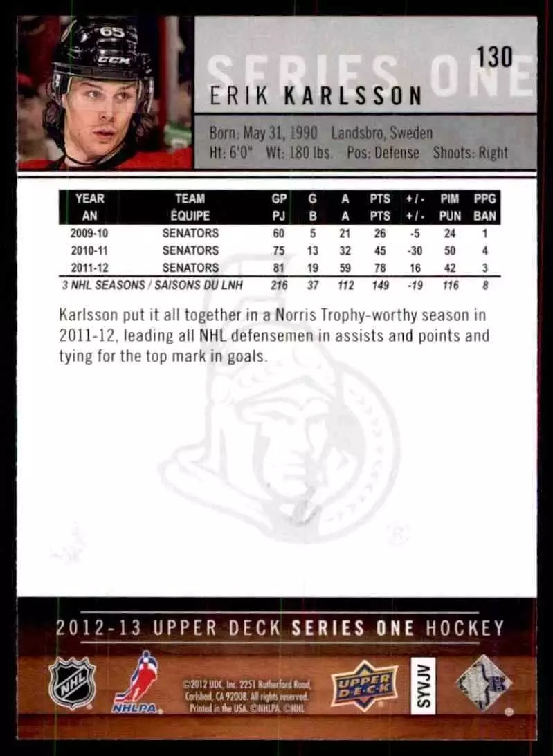 2012-13 Upper Deck #130 Erik Karlsson 1
