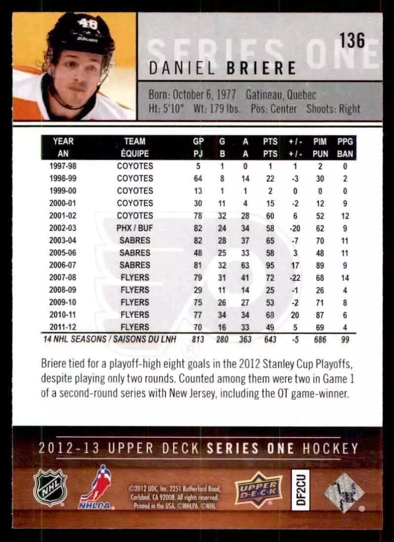 2012-13 Upper Deck #136 Daniel Briere 1