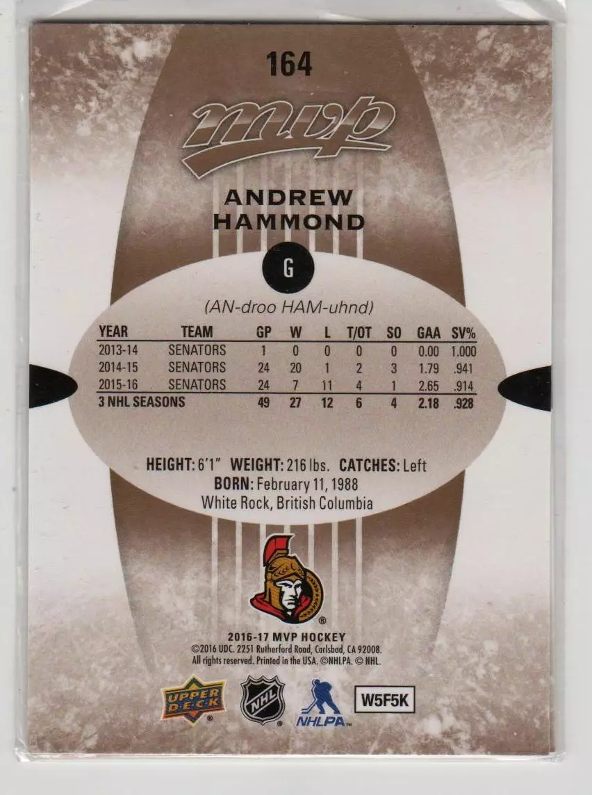 2016-17 Upper Deck MVP ##164 Andrew Hammond 1