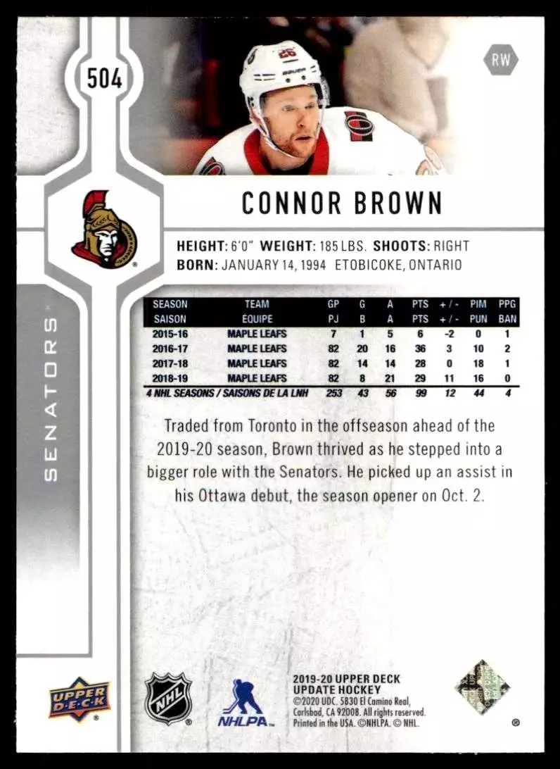 2019-20 Upper Deck #504 Connor Brown 1