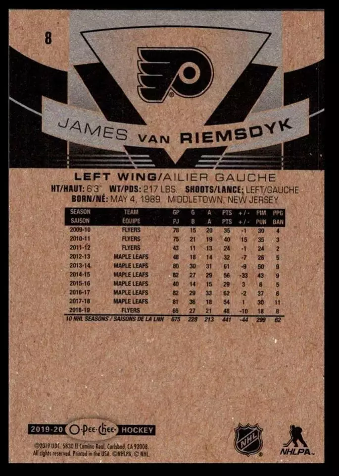 2019-20 O-Pee-Chee #8 James van Riemsdyk 1