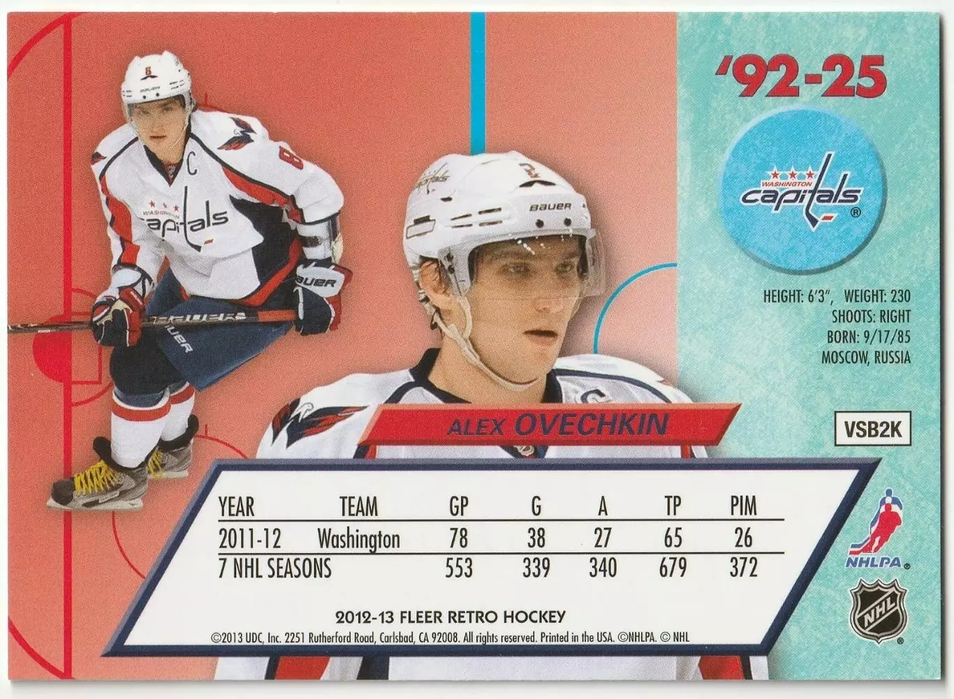 2012-13 Fleer Retro Hockey #92 25 Alexander Ovechkin SP 1