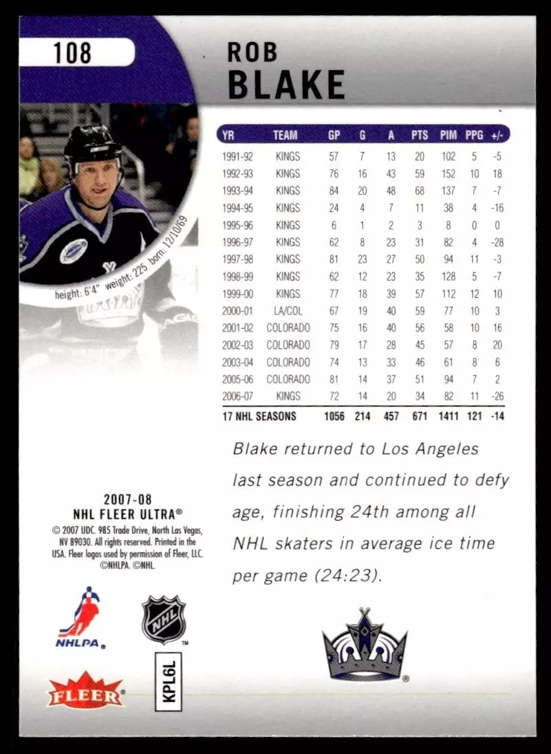 2007-08 Ultra #108 Rob Blake 1