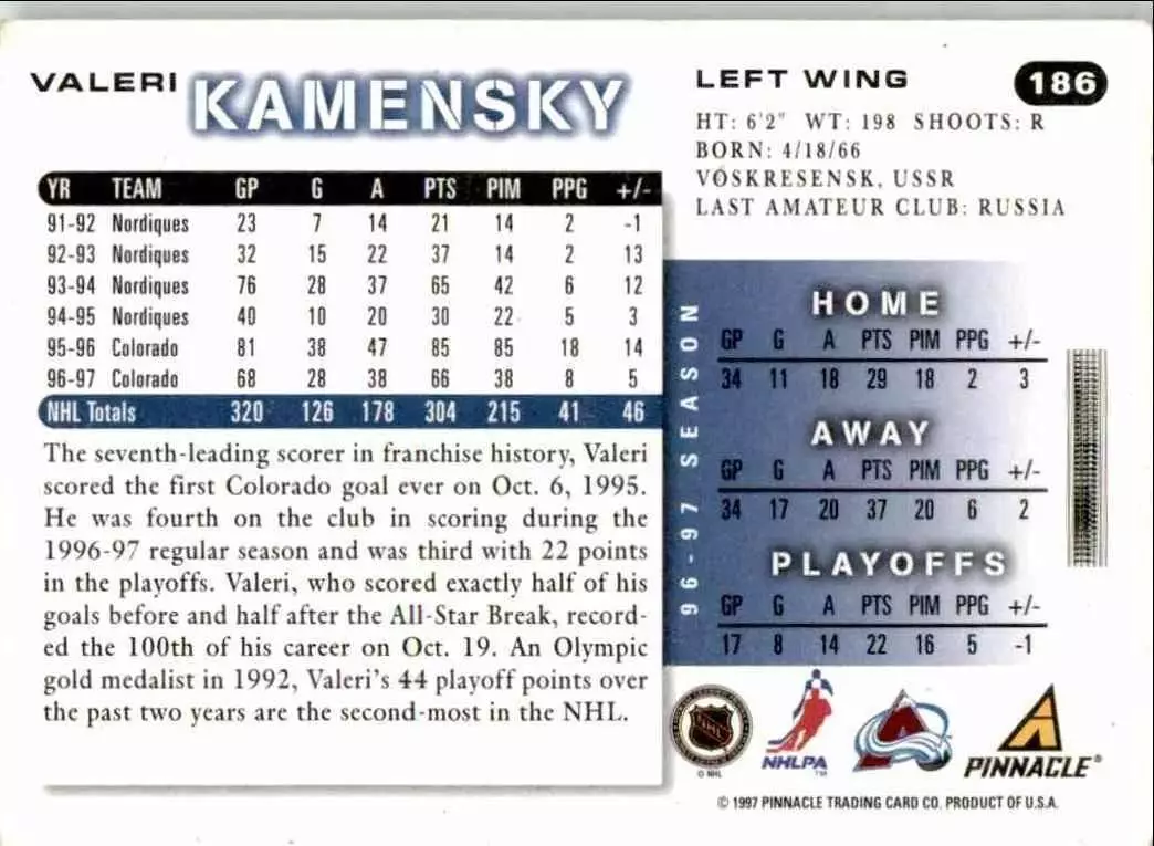 1997-98 Score #186 Valeri Kamensky 1