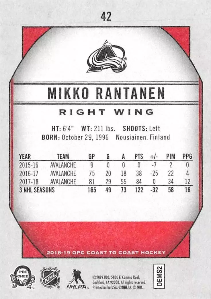 2018-19 O-Pee-Chee Coast to Coast #42 Mikko Rantanen 1