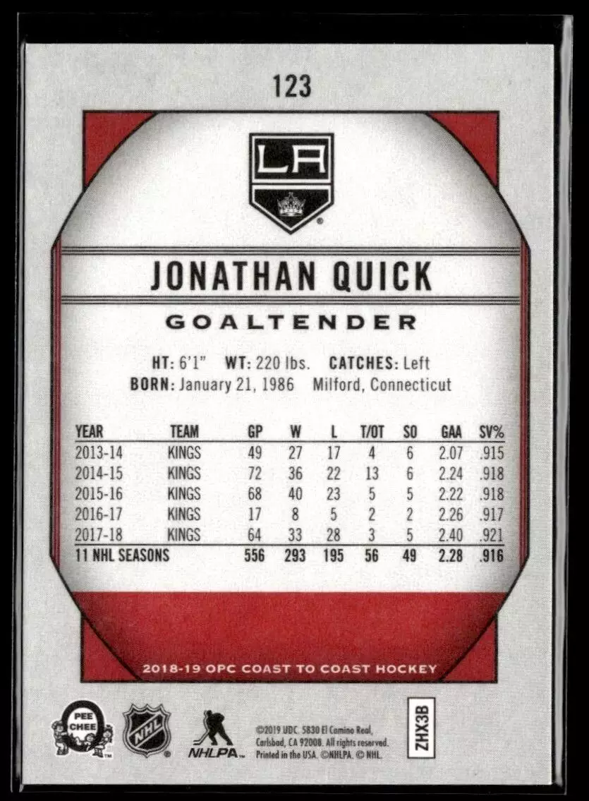 2018-19 O-Pee-Chee Coast #123 Jonathan Quick 1