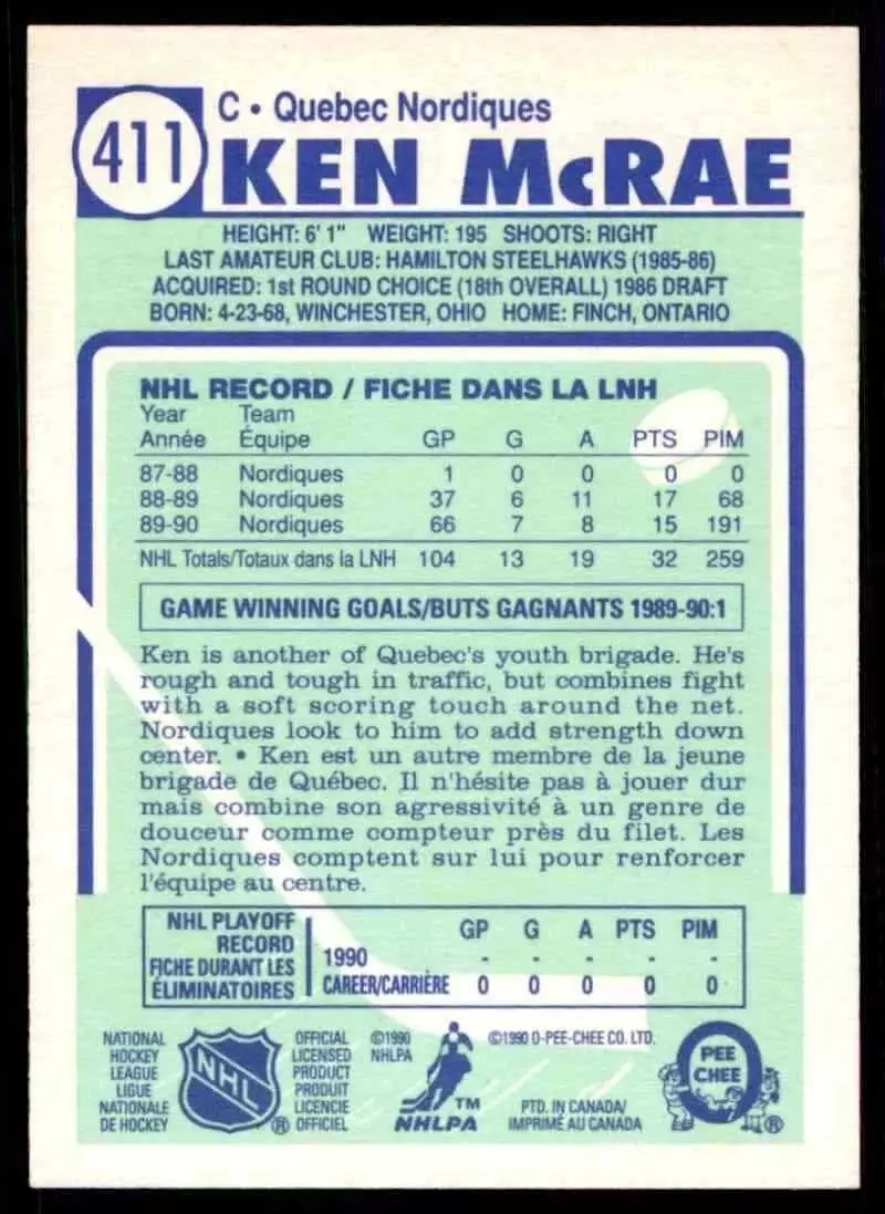 1990-91 O-Pee-Chee #411 Ken McRae 1