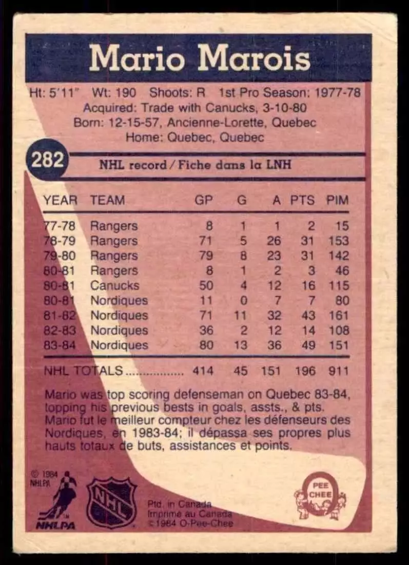 1984-85 O-Pee-Chee #282 Mario Marois 1