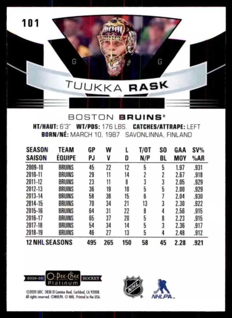 2019-20 O-Pee-Chee Platinum #101 Tuukka Rask 1