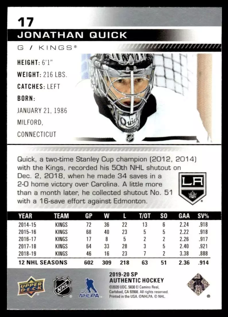 2019-20 SP Authentic #17 Jonathan Quick 1