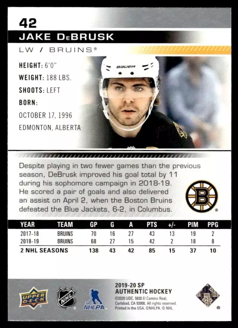 2019-20 SP Authentic #42 Jake DeBrusk 1