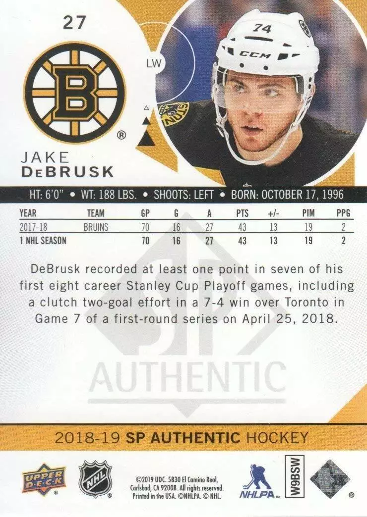 2018-19 SP Authentic #27 Jake DeBrusk 1