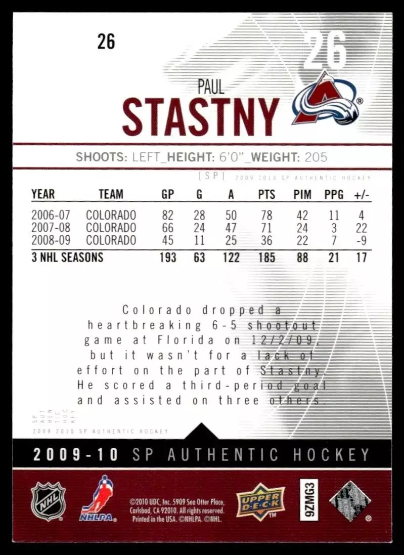 2009-10 SP Authentic #26 Paul Stastny 1