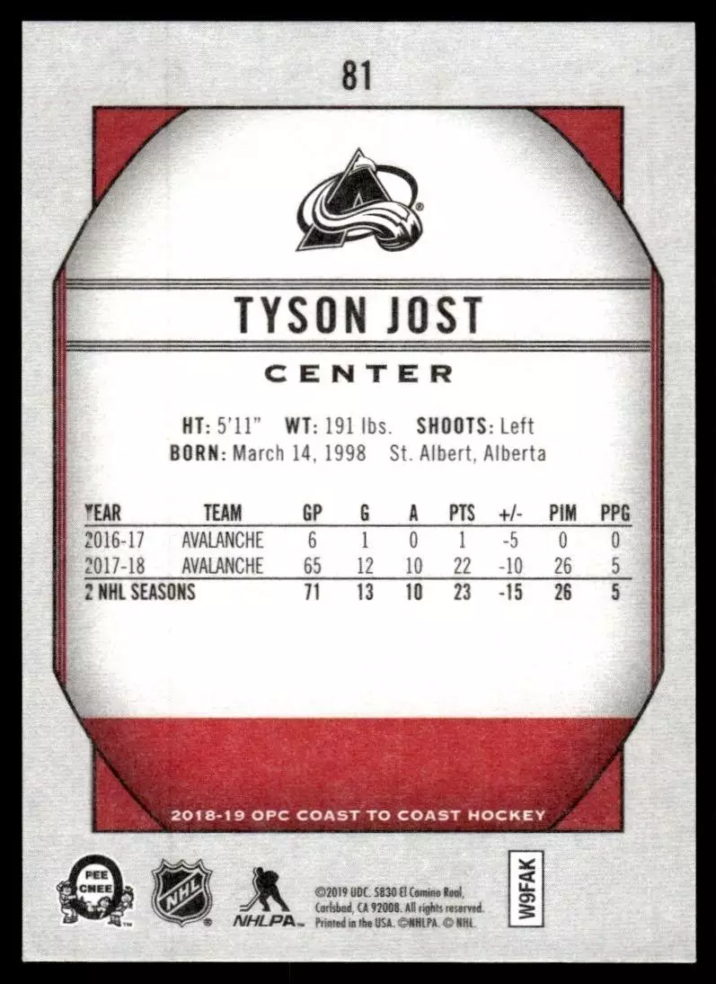 2018-19 O-Pee-Chee Coast to Coast #81 Tyson Jost 1