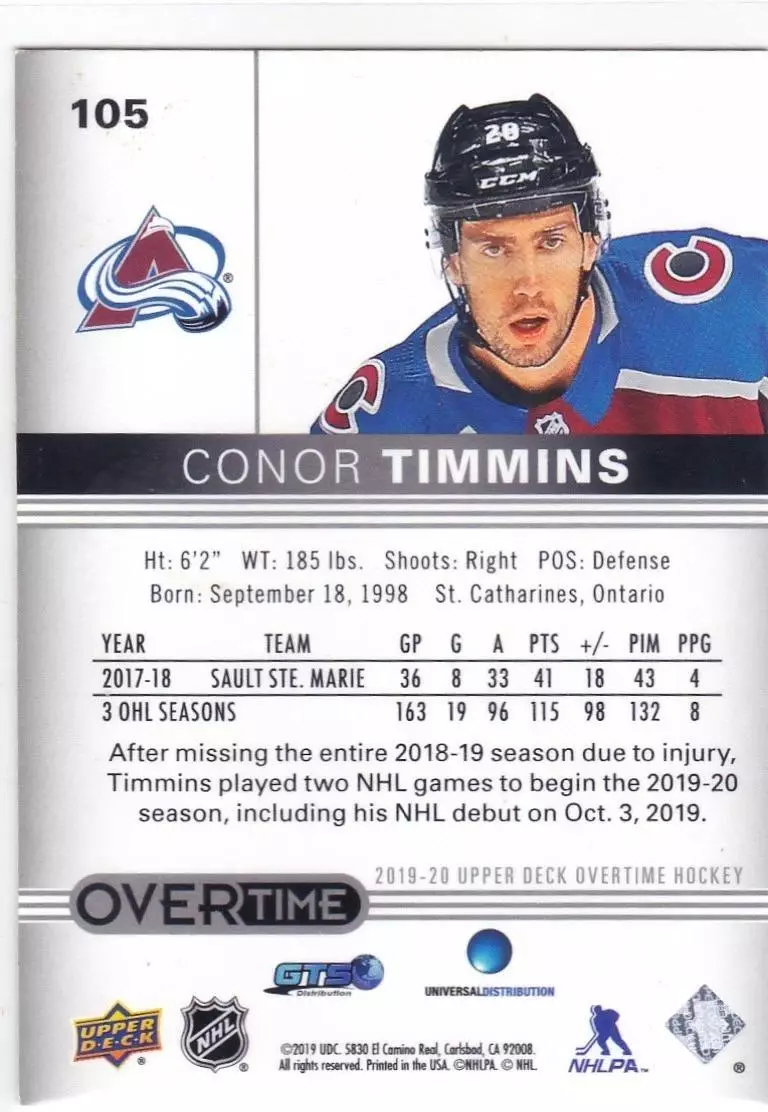 2019-20 Upper Deck Overtime #105 Conor Timmins RC 1