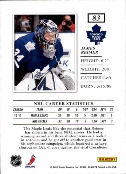 2011-12 Elite #83 James Reimer 1