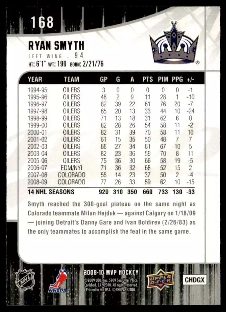 2009-10 Upper Deck MVP #168 Ryan Smyth 1