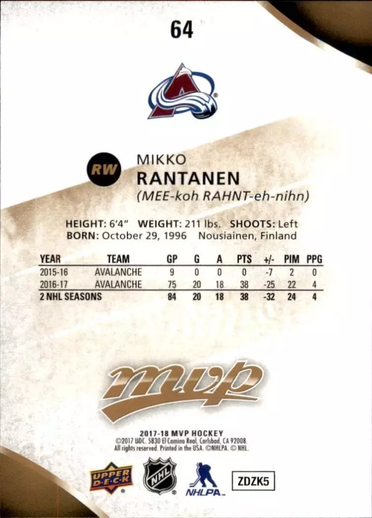 2017-18 Upper Deck MVP #64 Mikko Rantanen 1