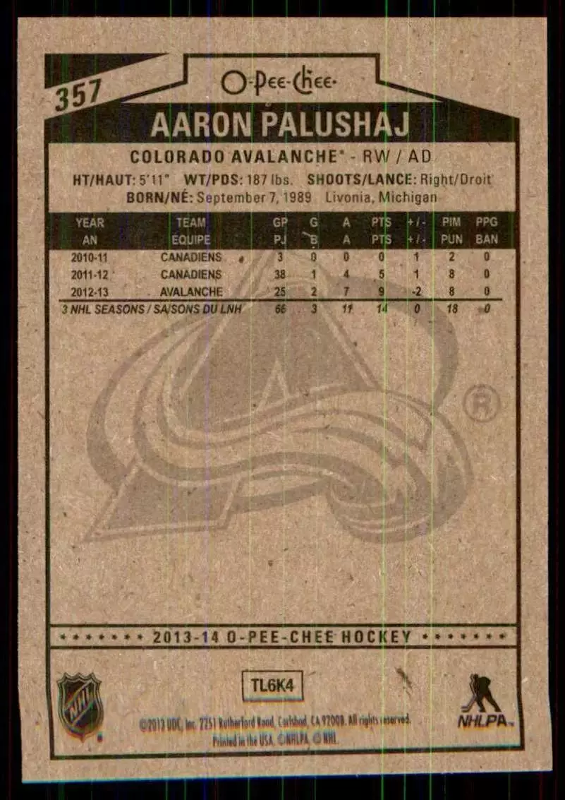 2013-14 O-Pee-Chee #357 Aaron Palushaj 1