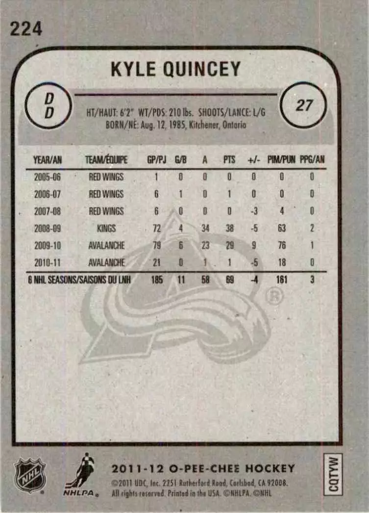 2011-12 O-Pee-Chee #224 Kyle Quincey 1