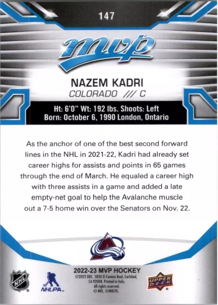 2022-23 Upper Deck MVP #147 Nazem Kadri 1