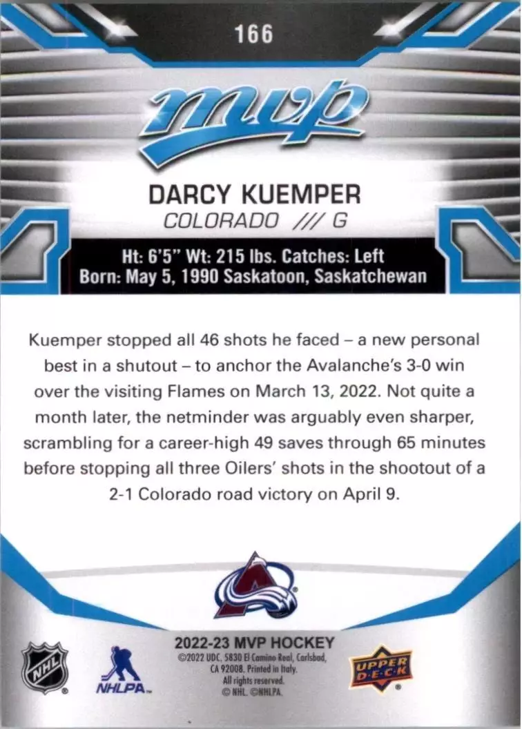 2022-23 Upper Deck MVP #166 Darcy Kuemper 1