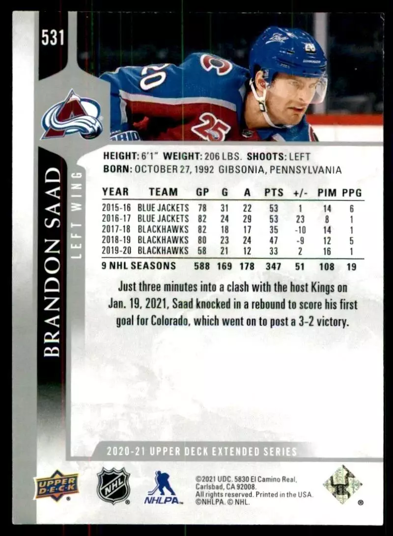 2020-21 Upper Deck #531 Brandon Saad 1