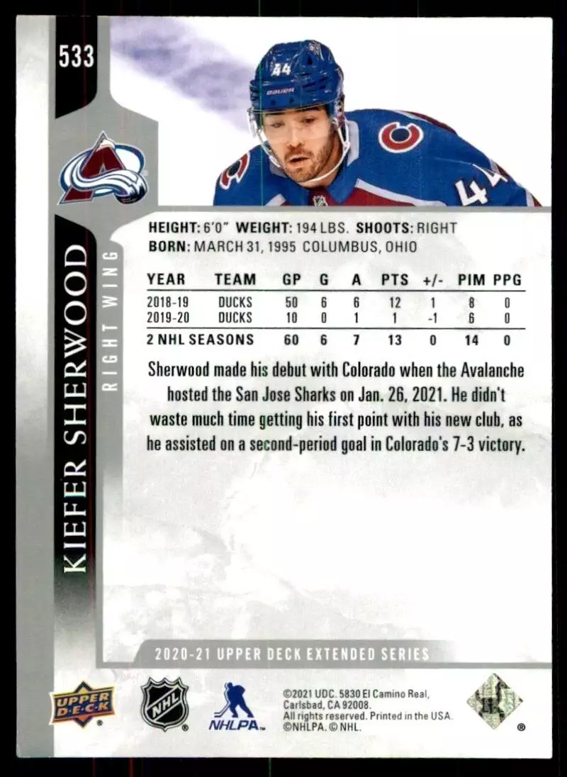 2020-21 Upper Deck #533 Kiefer Sherwood 1