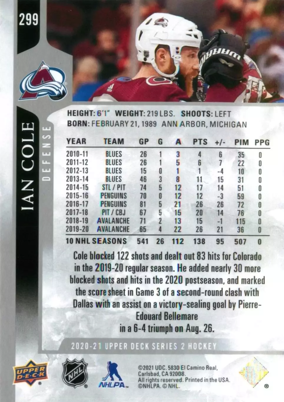 2020-21 Upper Deck #299 Ian Cole 1
