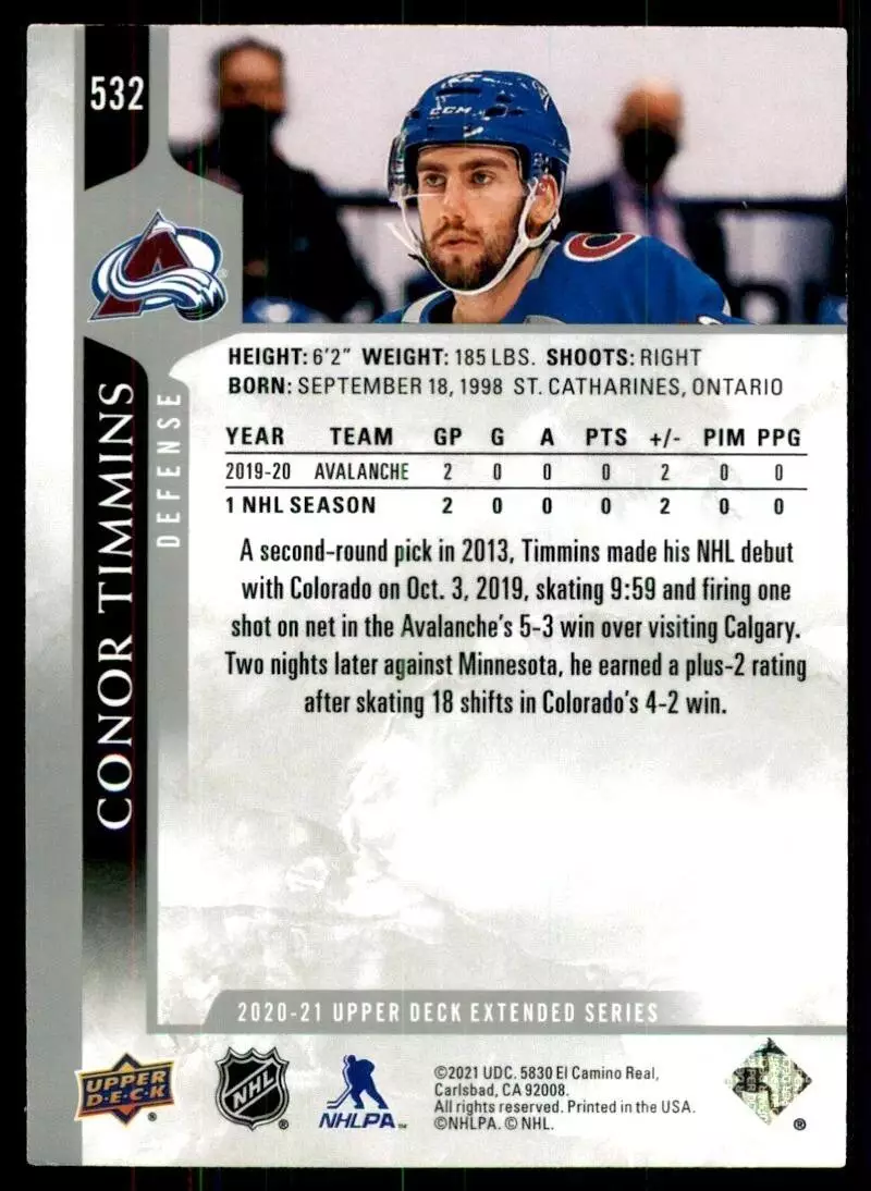 2020-21 Upper Deck #532 Conor Timmins 1