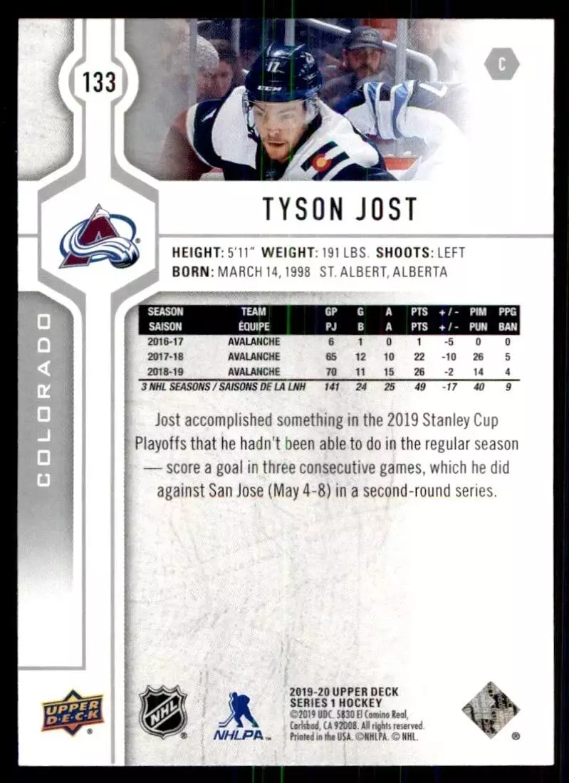2019-20 Upper Deck #133 Tyson Jost 1