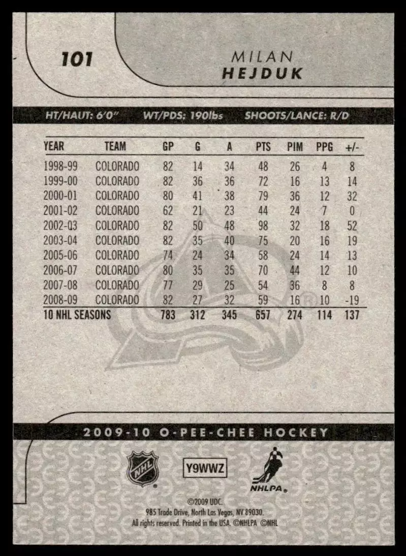 2009-10 O-Pee-Chee #101 Milan Hejduk 1