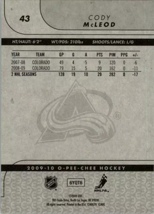 2009-10 O-Pee-Chee #43 Cody McLeod 1