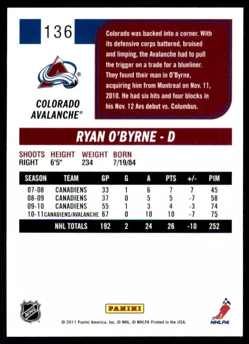 2011-12 Score #136 Ryan O'Byrne 1