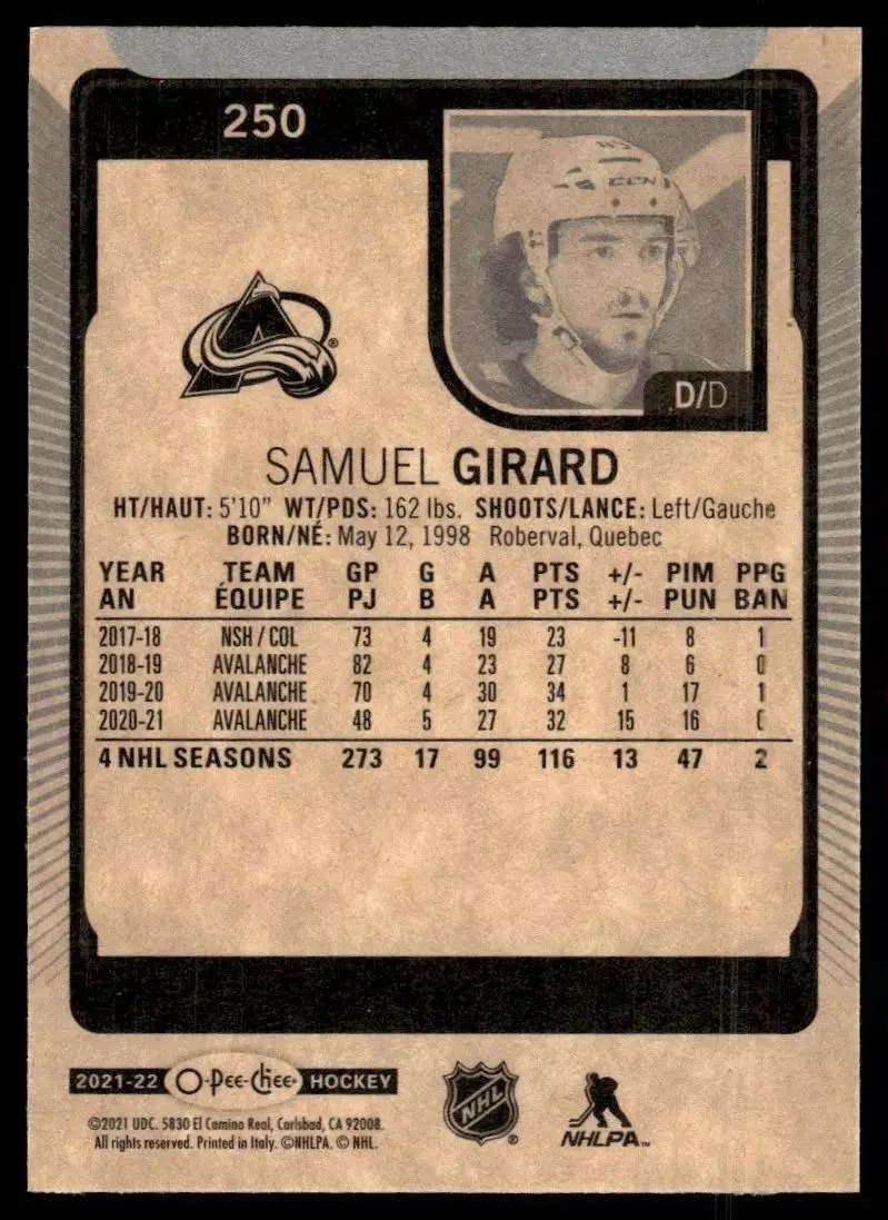 2021-22 O-Pee-Chee #250 Samuel Girard 1