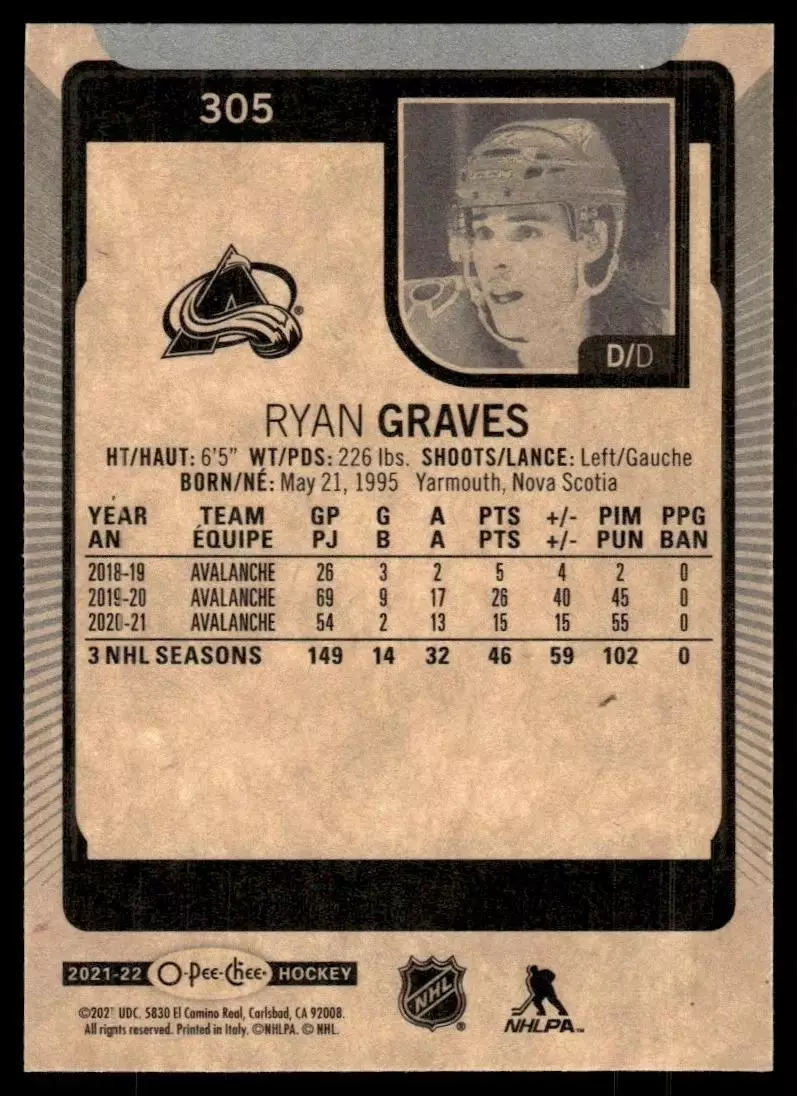 2021-22 O-Pee-Chee #305 Ryan Graves 1