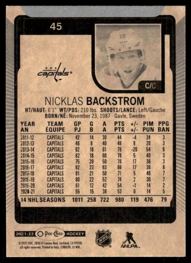 2021-22 O-Pee-Chee #45 Nicklas Backstrom 1