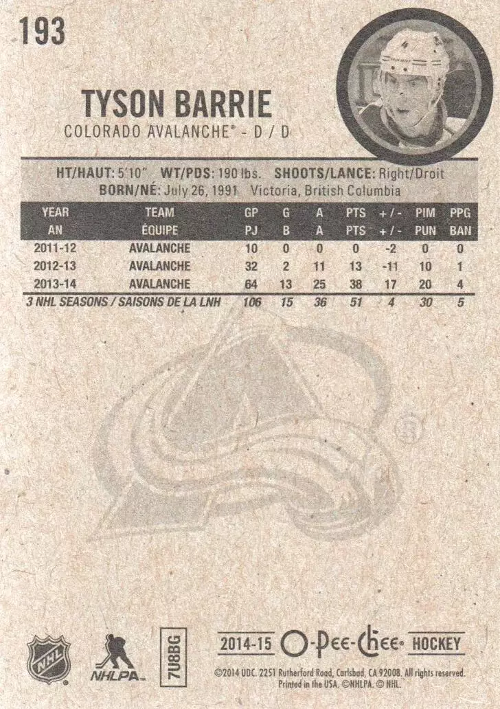2014-15 O-Pee-Chee #193 Tyson Barrie 1