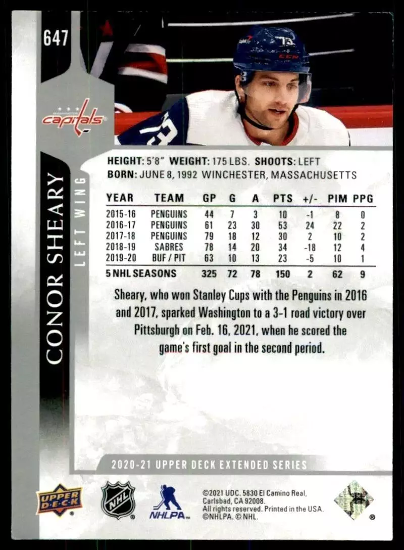 2020-21 Upper Deck #647 Conor Sheary 1
