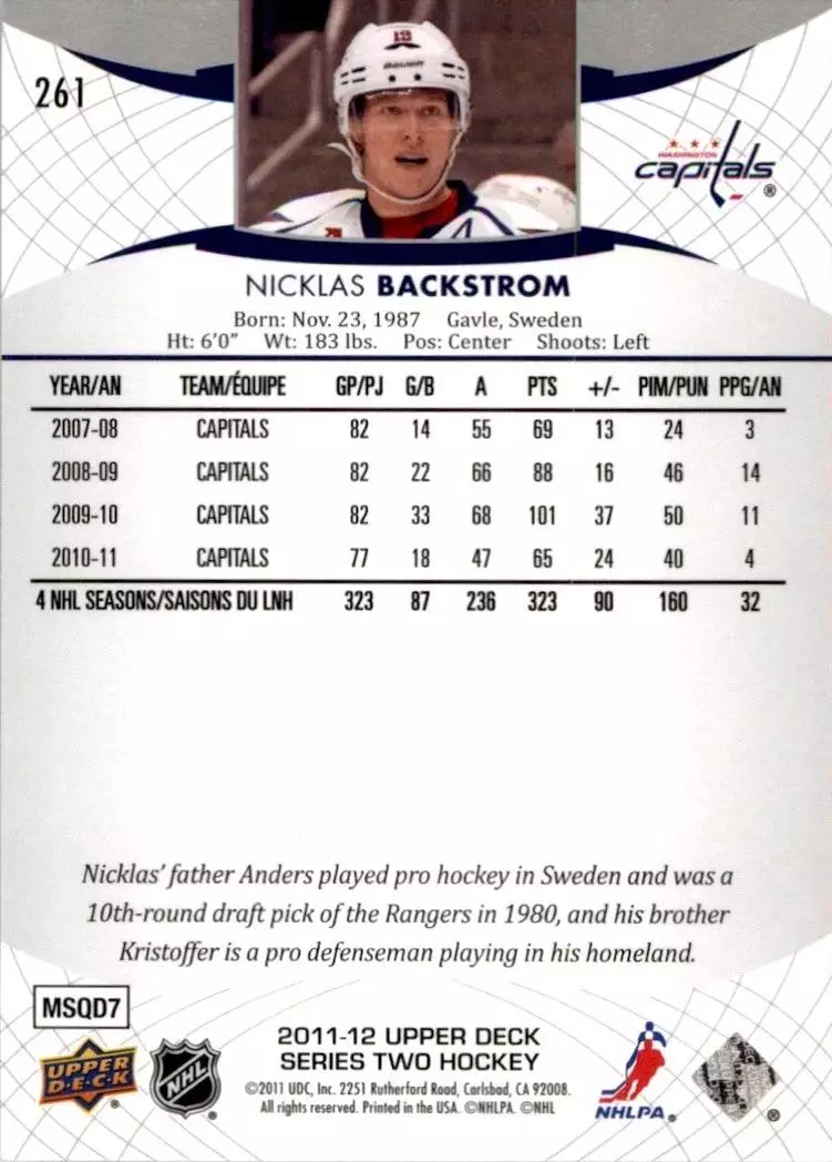 2011-12 Upper Deck Nicklas #261 Backstrom 1