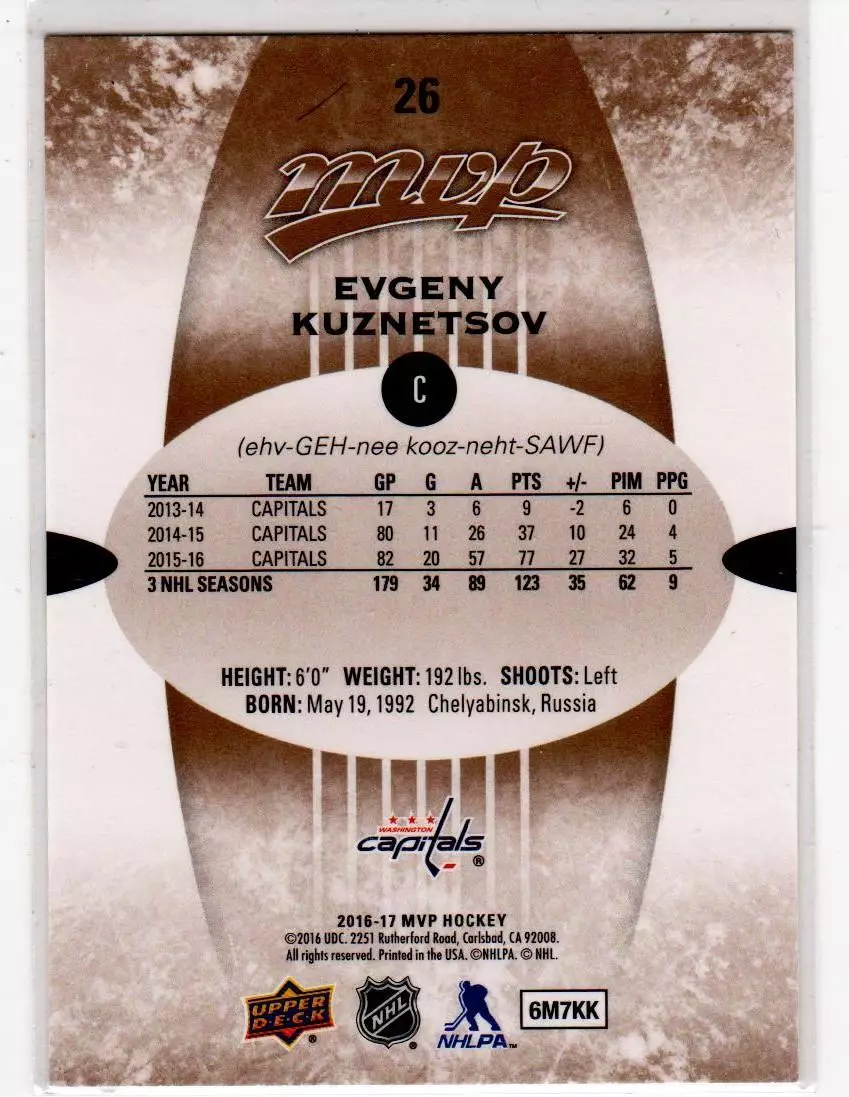 2016-17 Upper Deck MVP #26 Evgeny Kuznetsov 1