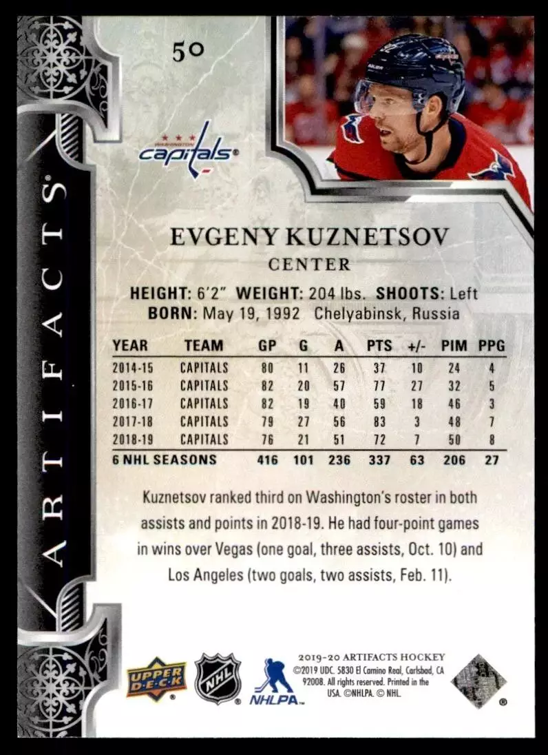 2019-20 Artifacts #50 Evgeny Kuznetsov 1