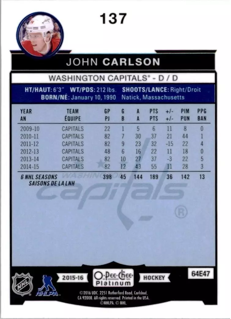 2015-16 O-Pee-Chee Platinum #137 John Carlson 1