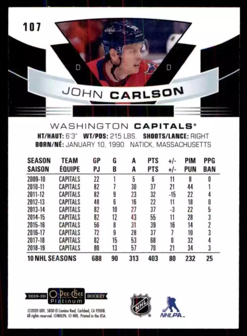 2019-20 O-Pee-Chee Platinum #107 John Carlson 1