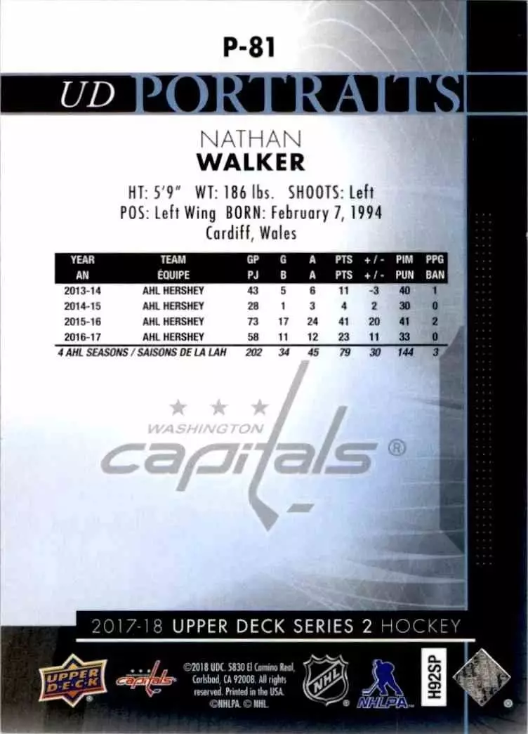 2017-18 Upper Deck UD Portraits #P81 Nathan Walker 1