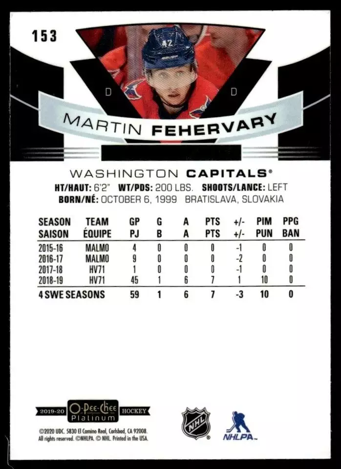 2019-20 O-Pee-Chee Platinum #153 Martin Fehervary RC 1