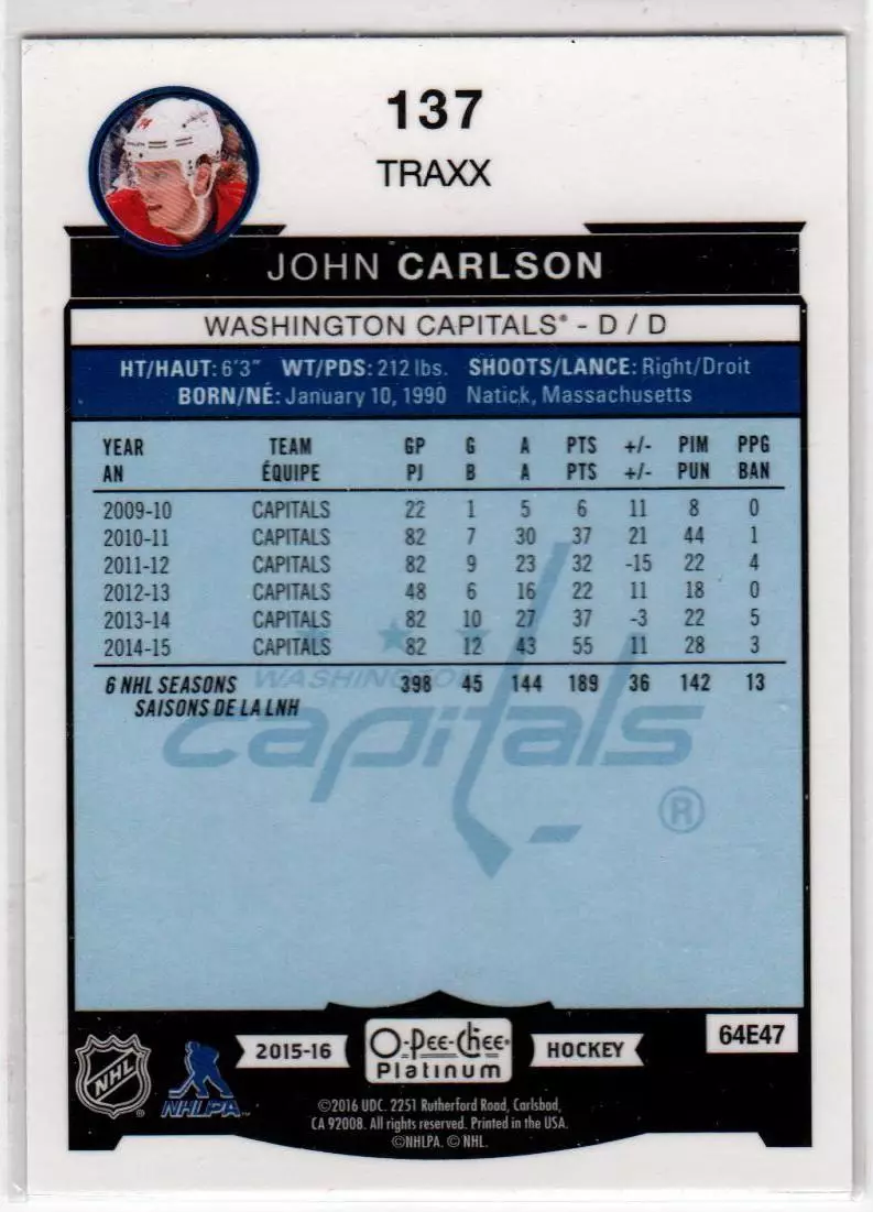 2015-16 O-Pee-Chee Platinum TRAXX #137 John Carlson 1