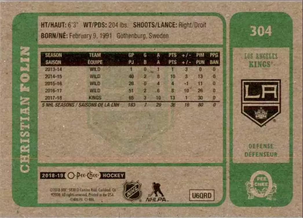 2018-19 O-Pee-Chee Retro #304 Christian Folin 1
