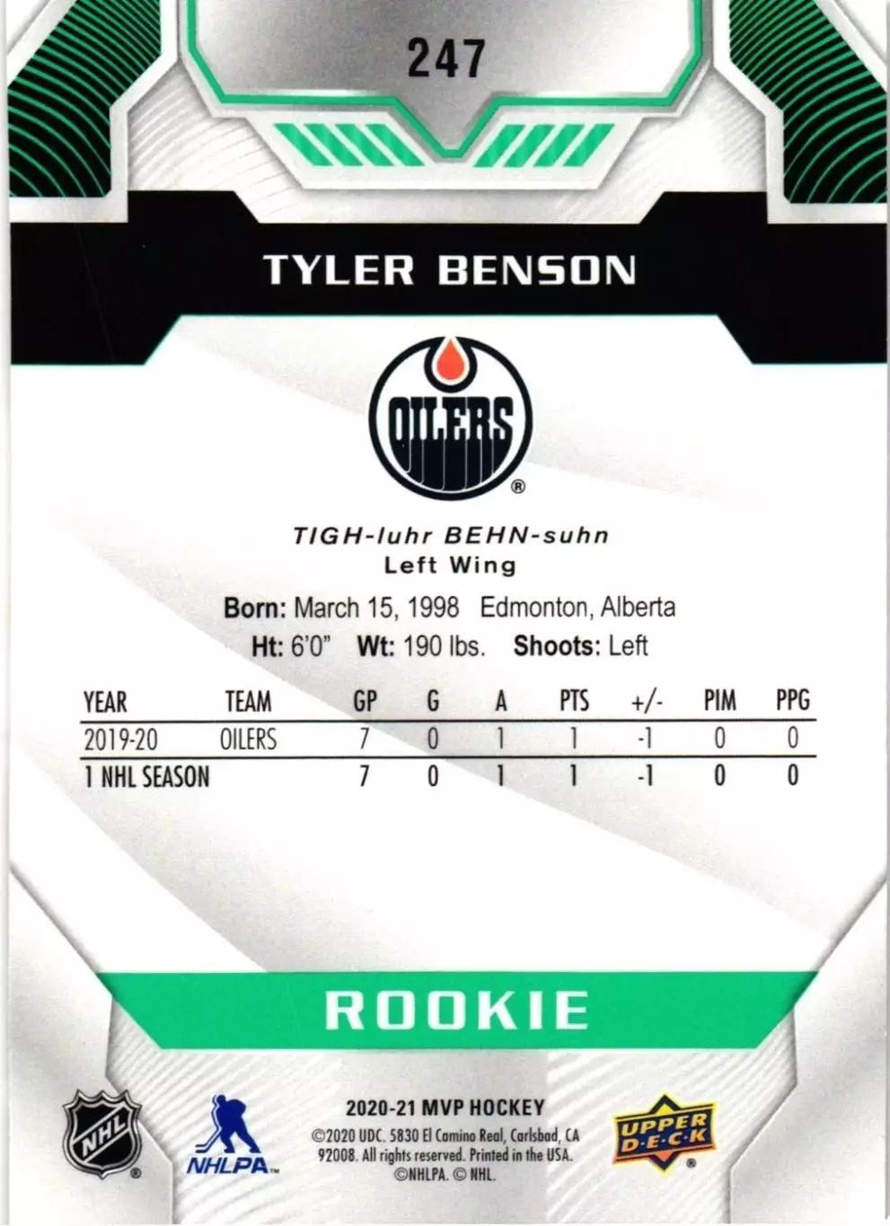 2020-21 Upper Deck MVP #247 Tyler Benson RC 1